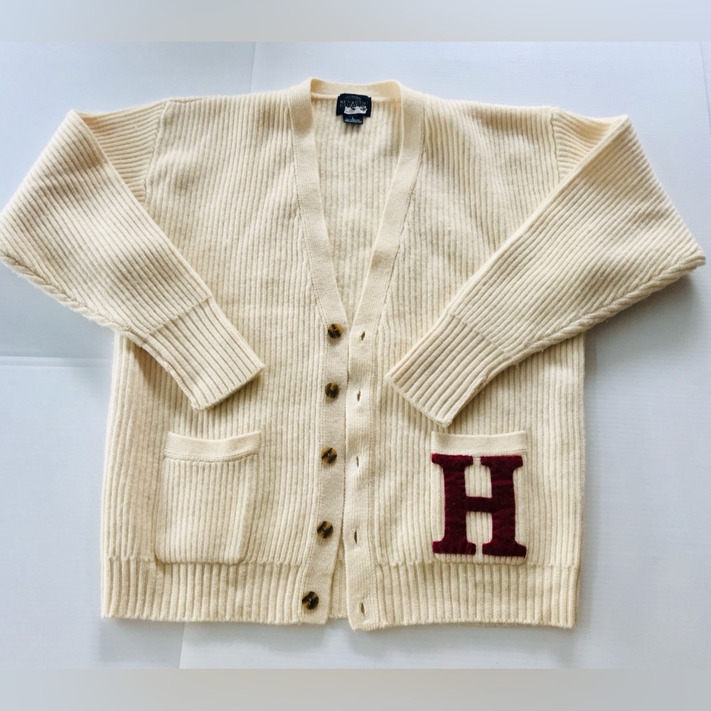 Wool cardigan natural color monogram h pockets Kenneth Gordon